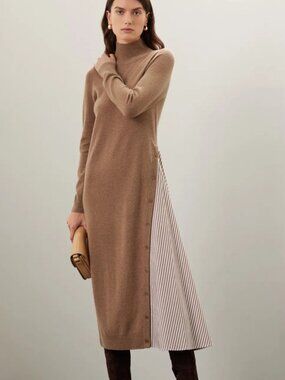 Naadam Asymmetrical Wool Cashmere Turtleneck Sweater Midi Dress Tan Size Medium
